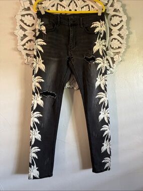 Women Black Skinny Jeans with White Palm Print